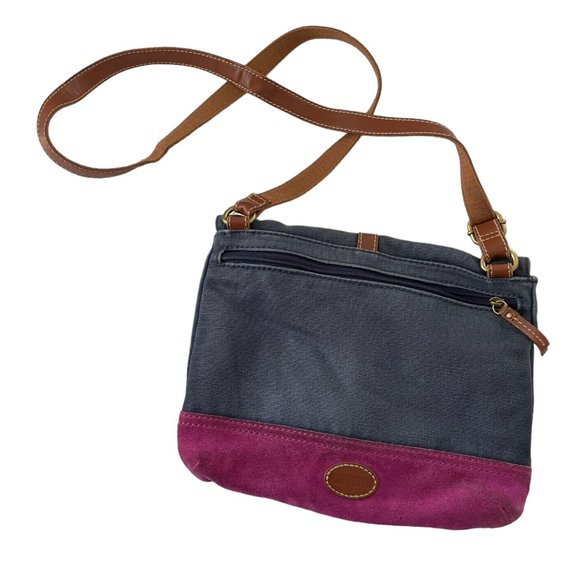 Fossil Taylor Crossbody Purse Bag Fab Navy Magenta Purple Canvas & Suede Leather - Picture 4 of 8